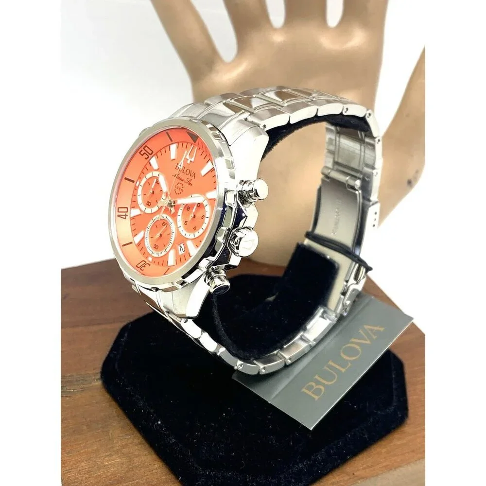 Bulova Men's Watch 96B395 Marine Star Orange Dial Chronograph Silver Steel 43mm